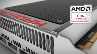 Partial view of a graphics card, with a logo of AMD FRTC technology next to it